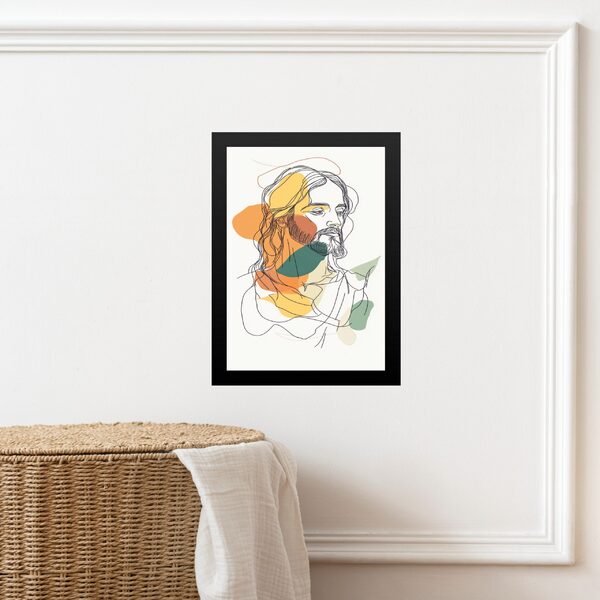 Quadro Minimalista Jesus Abstrato Boho 45x34cm Moldura Branca