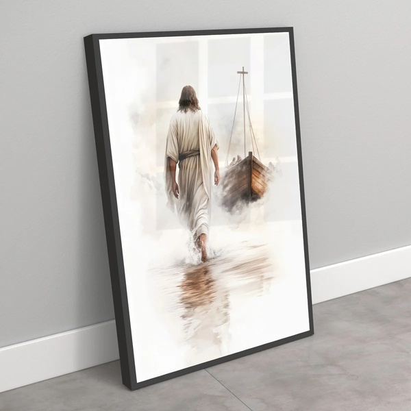 Quadro Minimalista Jesus Sobre Águas - 70x50cm Moldura Preta