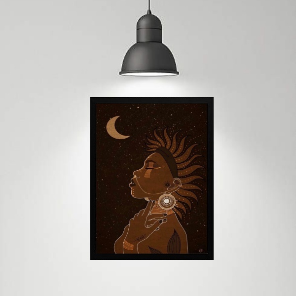 Quadro Místico Arte Índia Lua 24x18cm - Com Vidro Moldura:mad