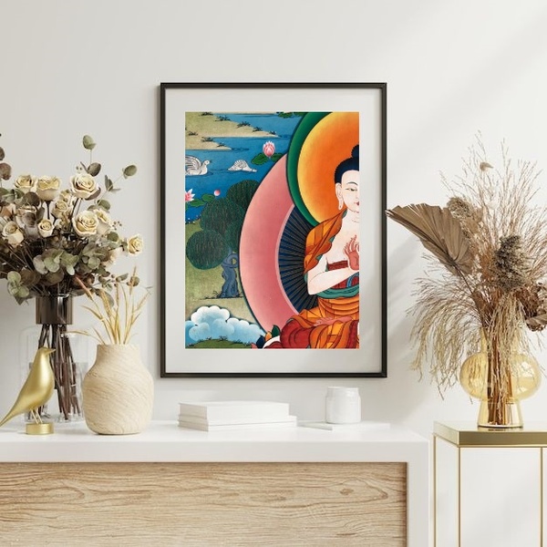 Quadro Místico Buda Colorido - 60x48cm Moldura:madeira Branca