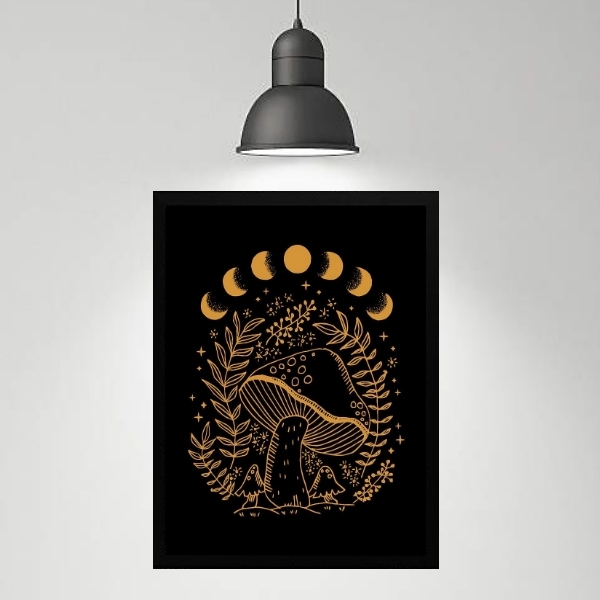 Quadro Místico Cogumelo - Fases Da Lua 33x24cm Moldura:madeir