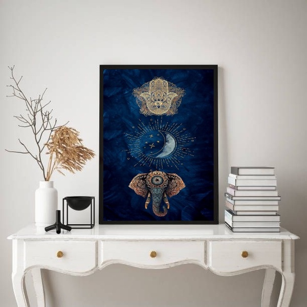 Quadro Mistico Hamsa Lua Elefante 45x34cm Moldura Branca
