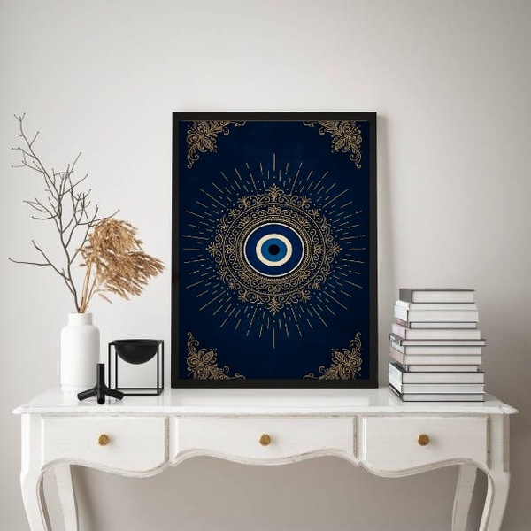 Quadro Mistico Mandala Olho Grego - Azul Dourado 45x34cm Mold