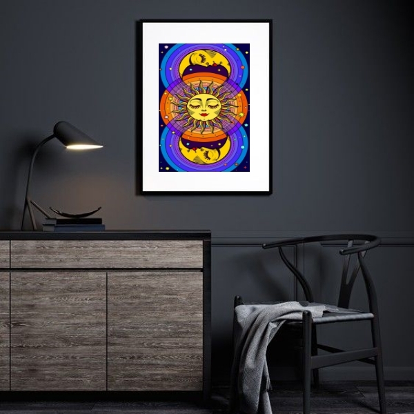 Quadro Místico Sol E Lua Colorido - 60x48cm Moldura:madeira P