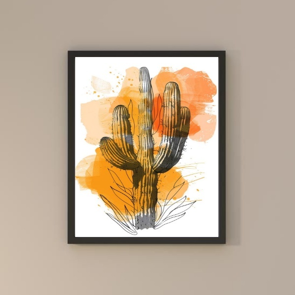 Quadro Moderno Abstrato Cacto 33x24cm - Com Vidro Moldura Bra