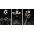 Quadro Moderno Black Faces With Gold - Kit 3 Telas