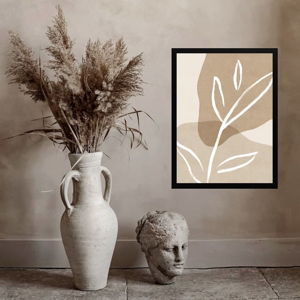 Quadro Moderno Branco E Bege - Trigo 45x34cm - Com Vidro Mold