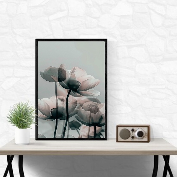 Quadro Moderno Flores Cinza 33x24cm - Com Vidro Moldura Branca