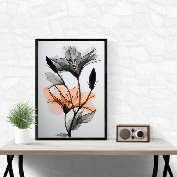 Quadro Moderno Flores Cinza E Laranja 24x18cm - Com Vidro Mol