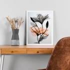 Quadro Moderno Flores Cinza E Laranja 24x18cm - Com Vidro Mol
