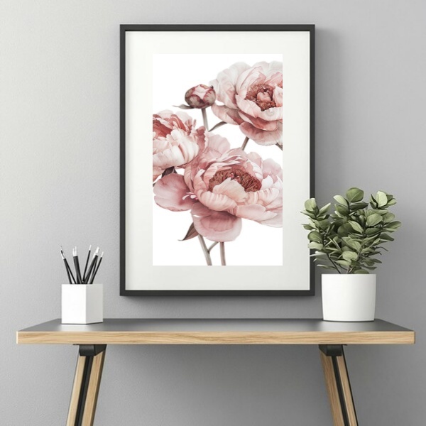 Quadro Moderno Flores Peonias  - 60x48cm Moldura Branca