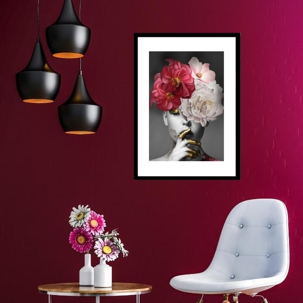 Quadro Moderno Mulher Cabeça Flores - 60x48cm Moldura:madeira