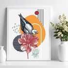 Quadro Moderno Pássaro Com Flor - Geométrico 33x24cm Moldura