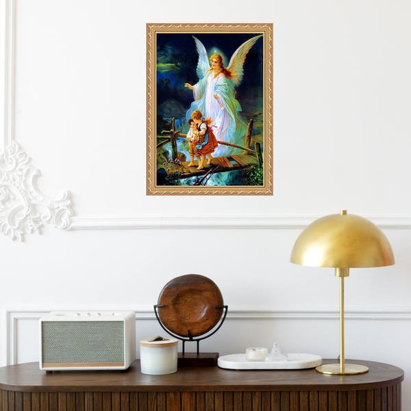 Quadro Moldura Dourada Anjo Da Guarda Com Crianças 33x24cm Ac