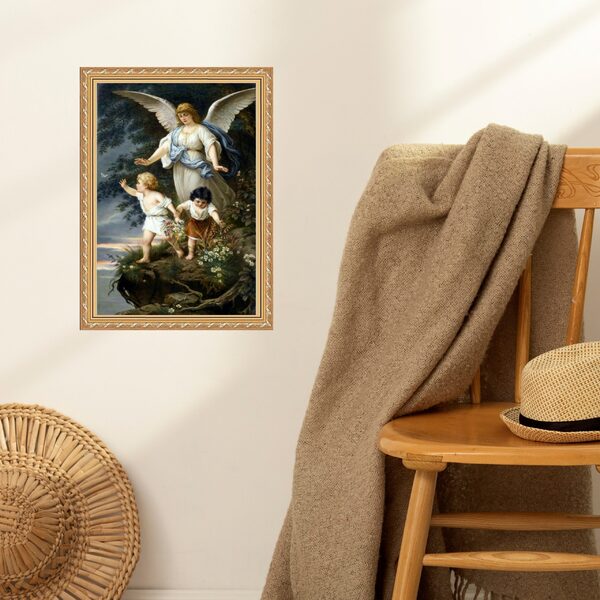 Quadro Moldura Dourada Anjo Protegendo Crianças 24x18cm Acaba