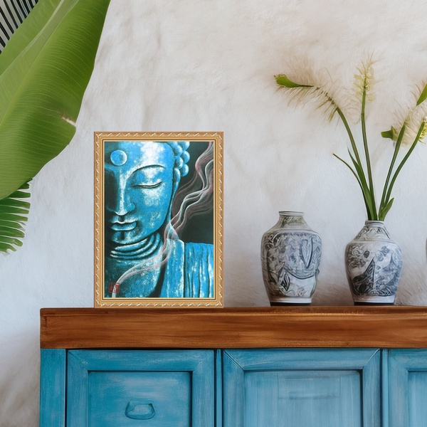 Quadro Moldura Dourada Buda Azul 45x34cm Acabamento:com Aceta