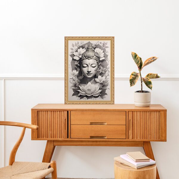 Quadro Moldura Dourada Buda Cinza 33x24cm Acabamento:com Vidro