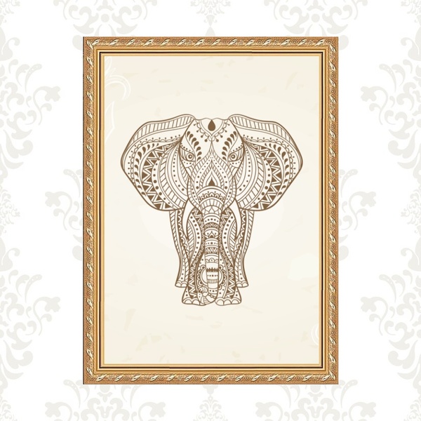 Quadro Moldura Dourada Elefante Indiano 45x34cm Acabamento:co