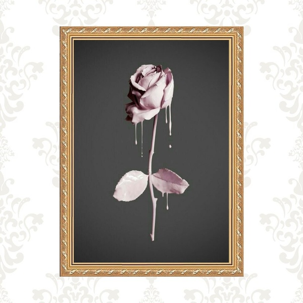 Quadro Moldura Dourada Flor Rosa E Cinza 24x18cm Acabamento:c