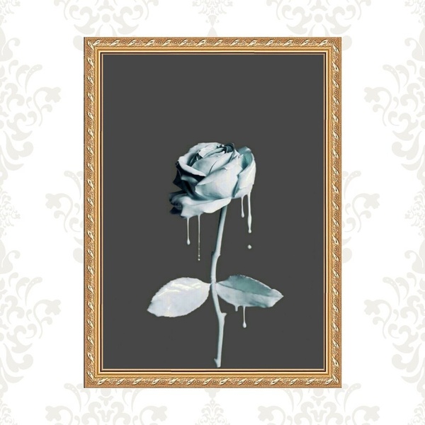 Quadro Moldura Dourada Flor Tinta Azul 24x18cm Acabamento:com