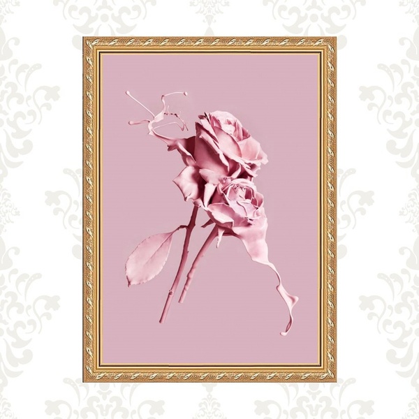 Quadro Moldura Dourada Flores Rosas - Tinta 45x34cm Acabament