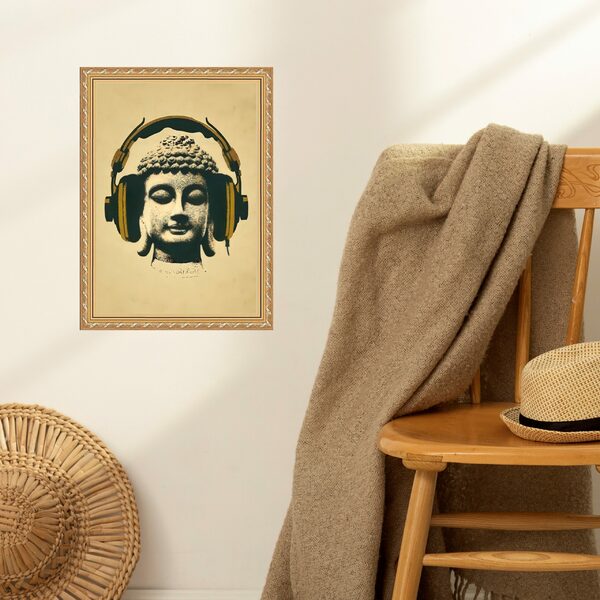 Quadro Moldura Dourada Fone De Ouvido 33x24cm Acabamento:com