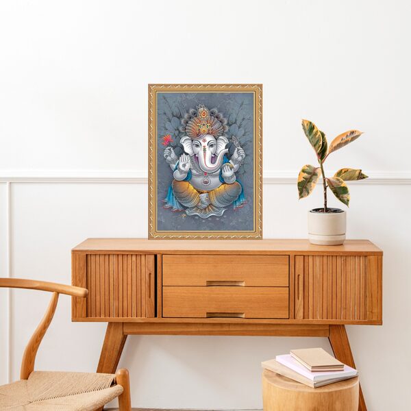 Quadro Moldura Dourada Ganesha Cinza 45x34cm Acabamento:com A