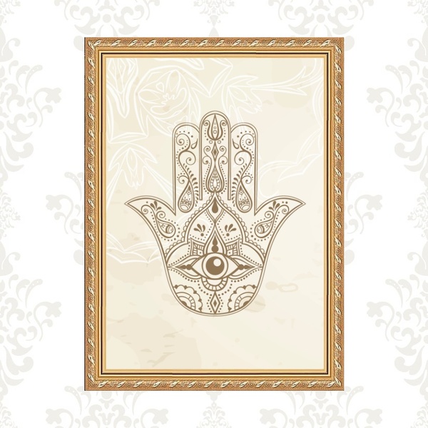 Quadro Moldura Dourada Hamsa Indiano 33x24cm Acabamento:com A