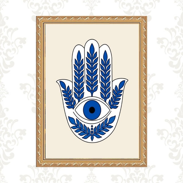 Quadro Moldura Dourada Hamsa Olho Grego 24x18cm Acabamento:co