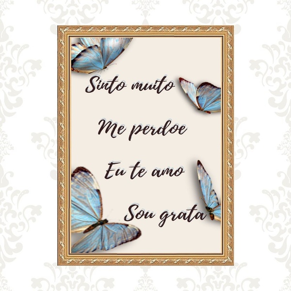 Quadro Moldura Dourada Hoponopono Borboletas 33x24cm Acabamen