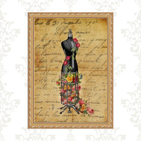 Quadro Moldura Dourada Manequim Costura Flores 33x24cm Acabam