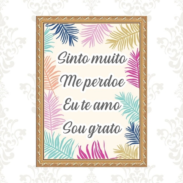 Quadro Moldura Dourada Mantra Hooponopono 33x24cm Acabamento: