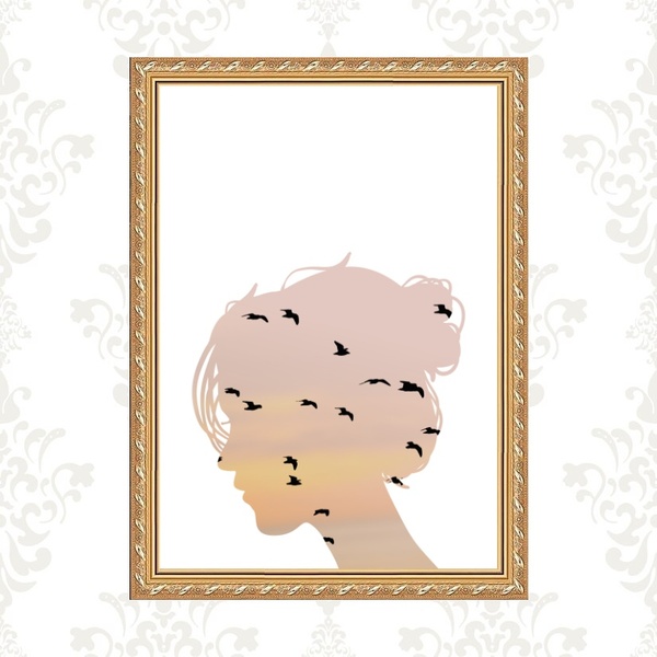 Quadro Moldura Dourada Menina Com Pássaros 24x18cm Acabamento