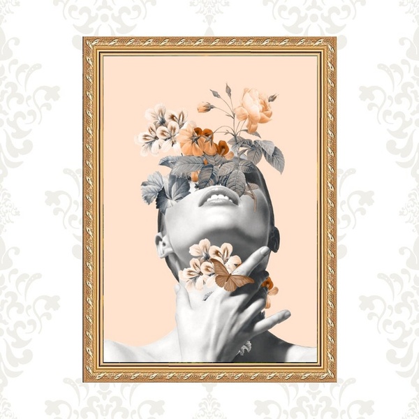 Quadro Moldura Dourada Mulher Flores Rosê 33x24cm Acabamento: