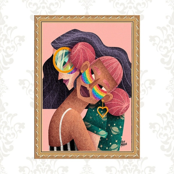 Quadro Moldura Dourada Mulheres Lésbicas 45x34cm Acabamento:c