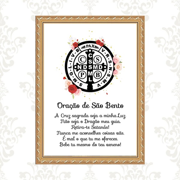 Quadro Moldura Dourada Oração São Bento 45x34cm Acabamento:co