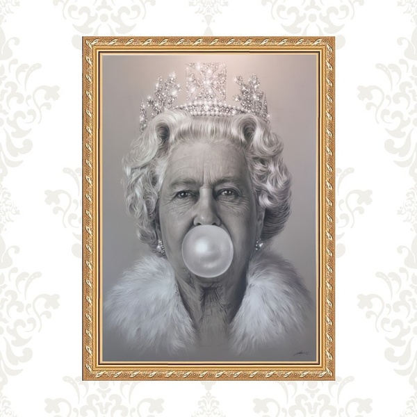 Quadro Moldura Dourada Rainha Elizabeth 24x18cm Acabamento:co