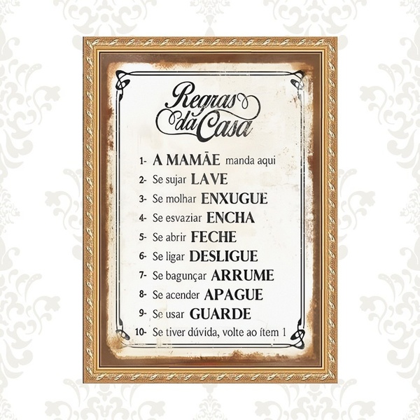 Quadro Moldura Dourada Regras Da Casa 45x34cm Acabamento:com