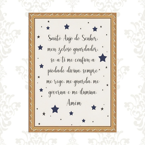 Quadro Moldura Dourada Santo Anjo Estrelinhas 24x18cm Acabame