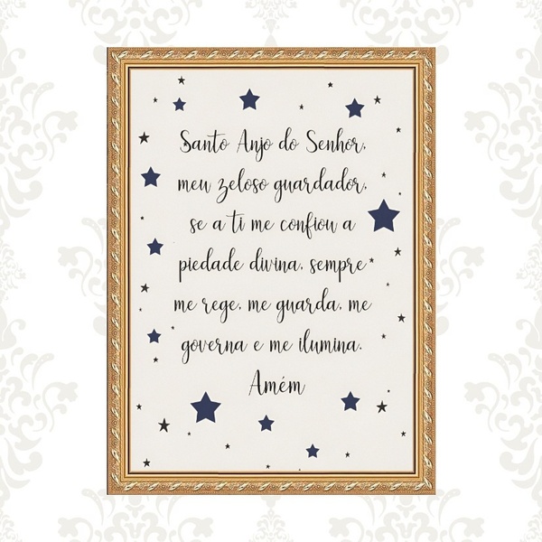 Quadro Moldura Dourada Santo Anjo Estrelinhas 45x34cm Acabame