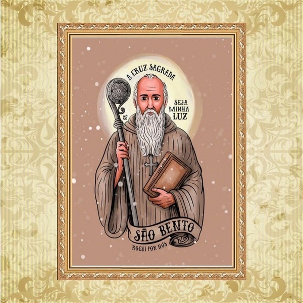 Quadro Moldura Dourada São Bento Cruz Sagrada 24x18cm Acabame