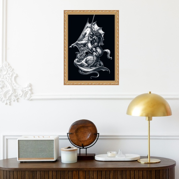 Quadro Moldura Dourada São Jorge Fundo Preto 24x18cm Acabamen