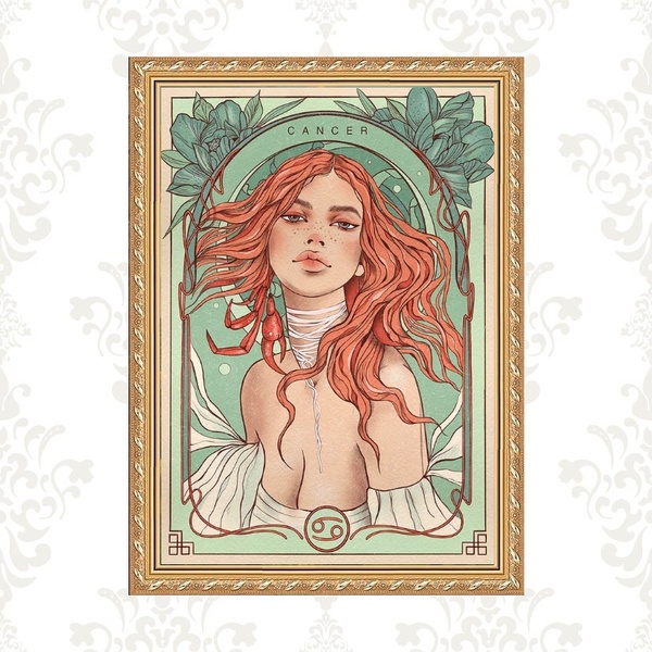 Quadro Moldura Dourada Signo Câncer 24x18cm Acabamento:com Vi