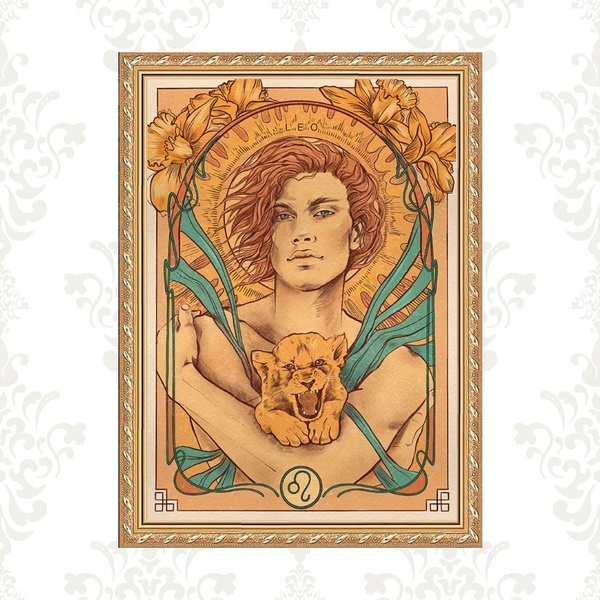 Quadro Moldura Dourada Signo Leão 45x34cm Acabamento:com Acet