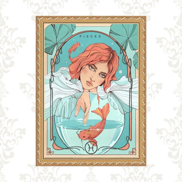 Quadro Moldura Dourada Signo Peixes 45x34cm Acabamento:com Vi