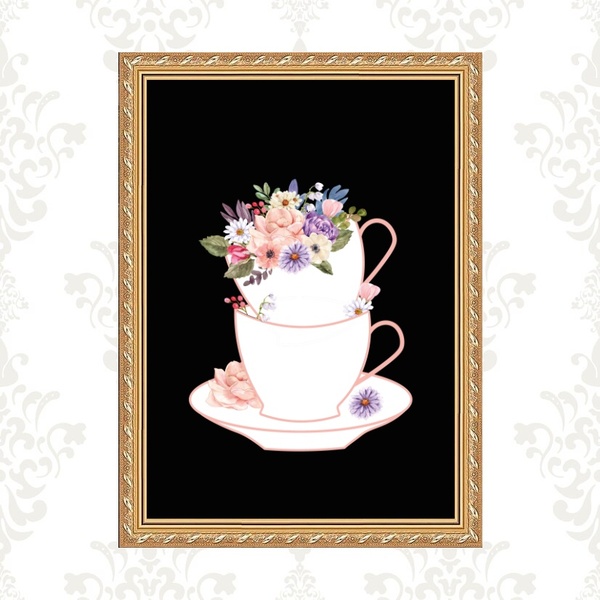 Quadro Moldura Dourada Xícara Flores 24x18cm Acabamento:com A