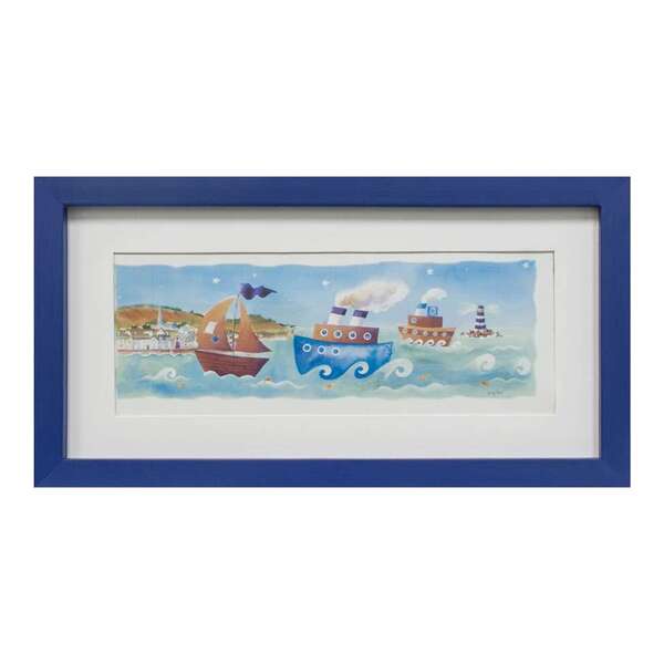 Quadro Montado Com Vidro Meios De Transporte Navio 15x30cm Az