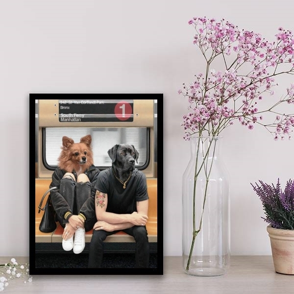 Quadro Montagem Cães Pessoas Metrô 45x34cm Moldura:madeira Br