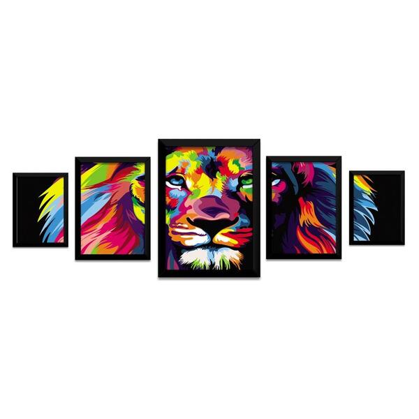 Quadro Mosaico Leão De Judá 5 Peças Com Moldura E Vidro