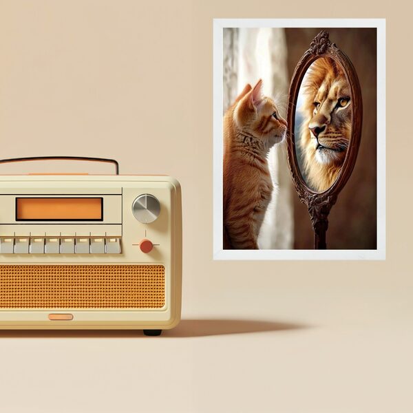 Quadro Motivacional Autoestima Gato Espelho Leão 24x18cm Mold